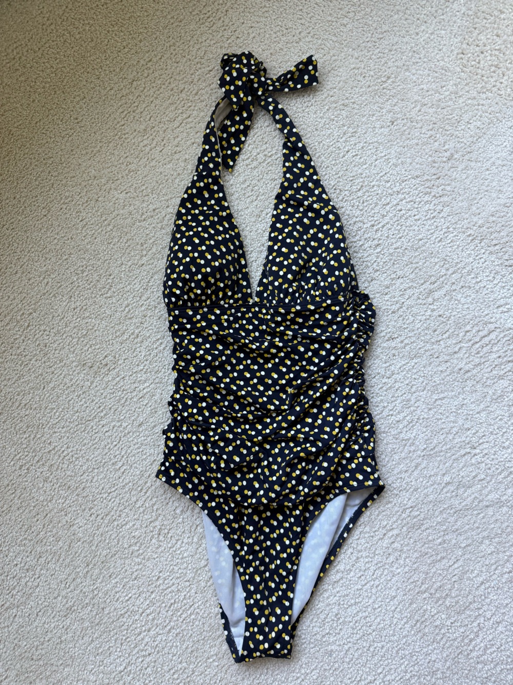 Boden Black Halter One-Piece Swimsuit with Yellow & White Dot Print